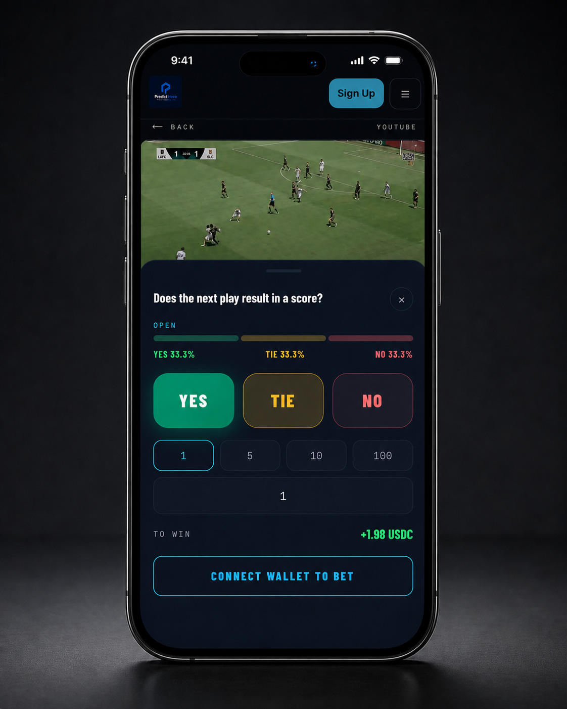 PredictHere Live Room — predict every moment, settled in USDC