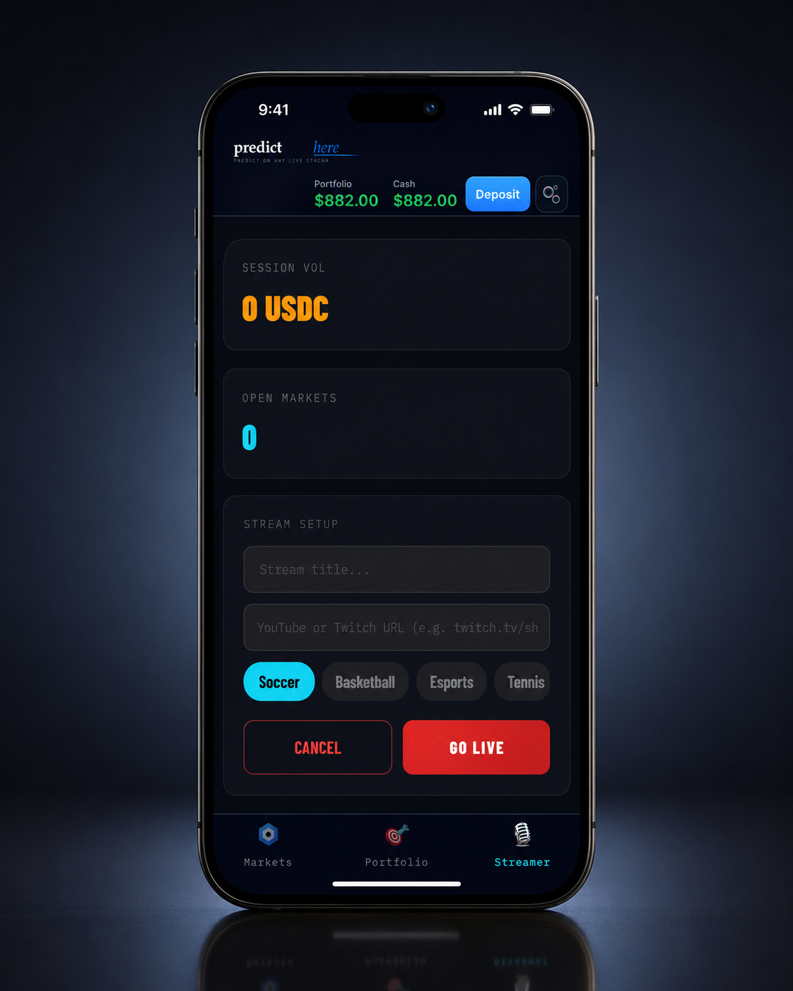 PredictHere streamer portal — paste a URL, go live in 30 seconds