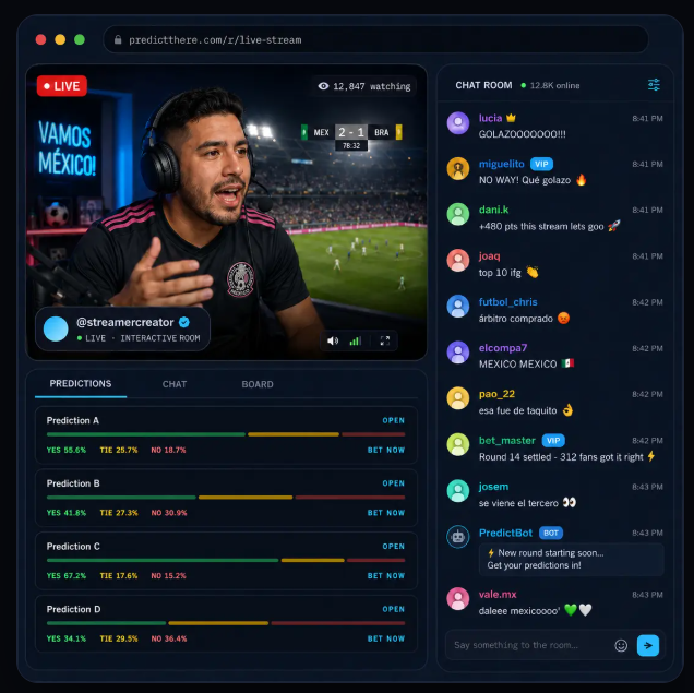 PredictHere Live Room — stream, predictions, and chat in one screen