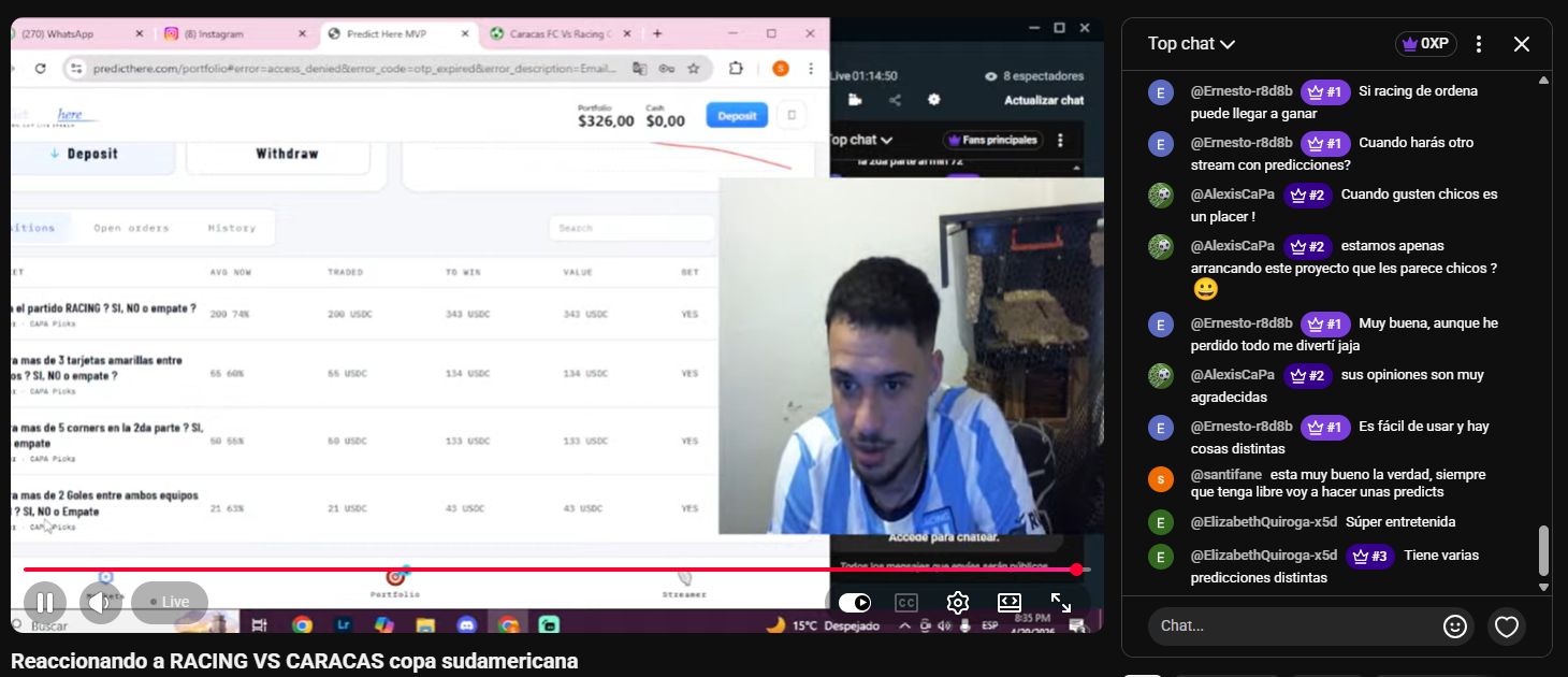 LatAm soccer streamer running PredictHere live during Racing vs Caracas — chat engaged, audience predicting in real time